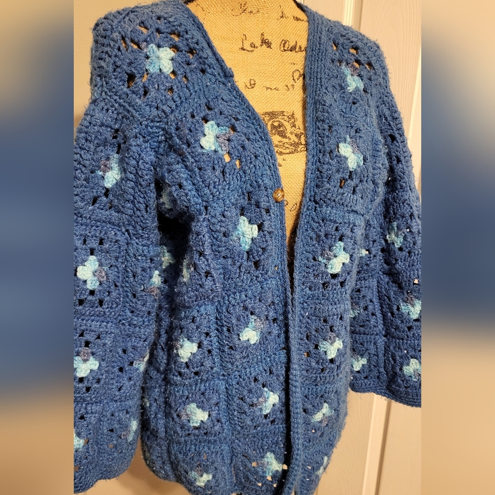 Hand Crocheted Small/Medium Cardigan Sweater Granny Sqaure Afhan Blue Grey